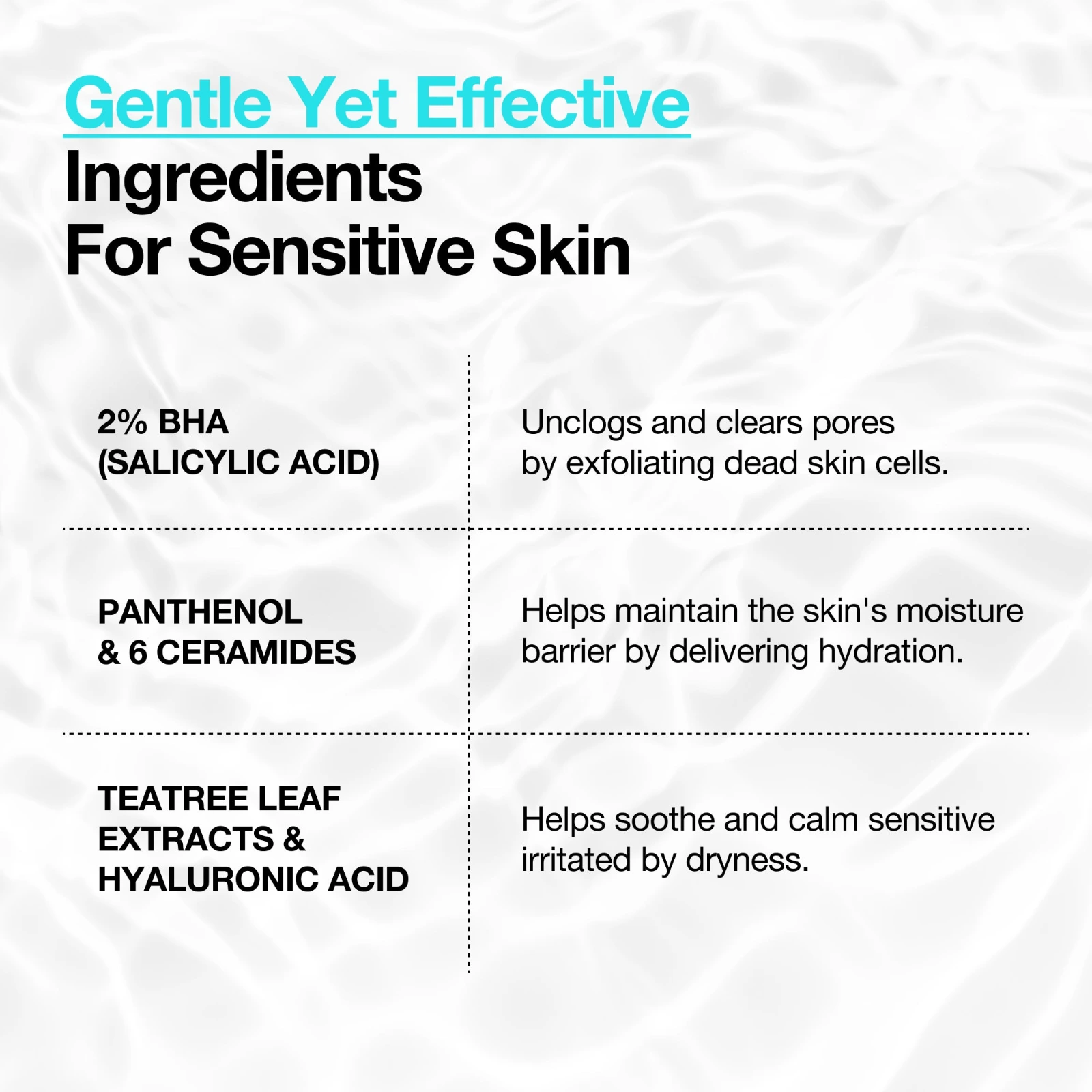 Key ingredients in the Anua BHA 2% Toner: 2% salicylic acid, panthenol with six ceramides, tea tree leaf and hyaluronic acid