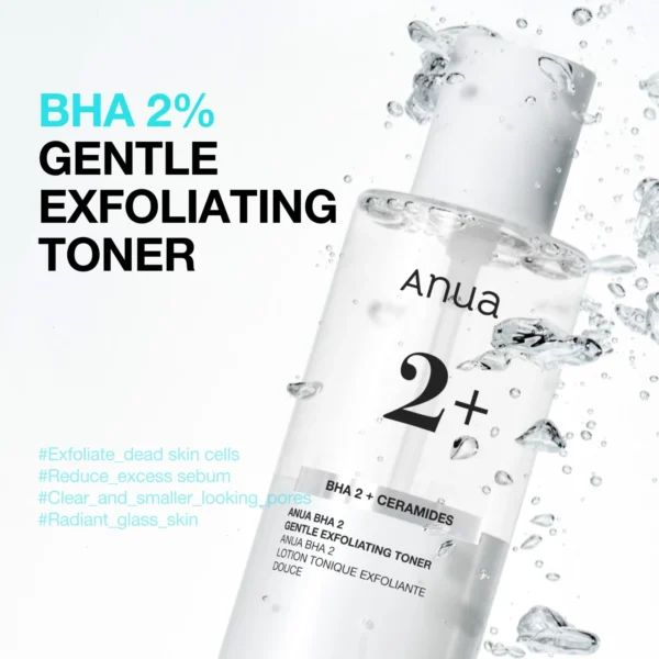 Anua BHA 2% Gentle Exfoliating Toner bottle in a water splash with the product name and benefit tags