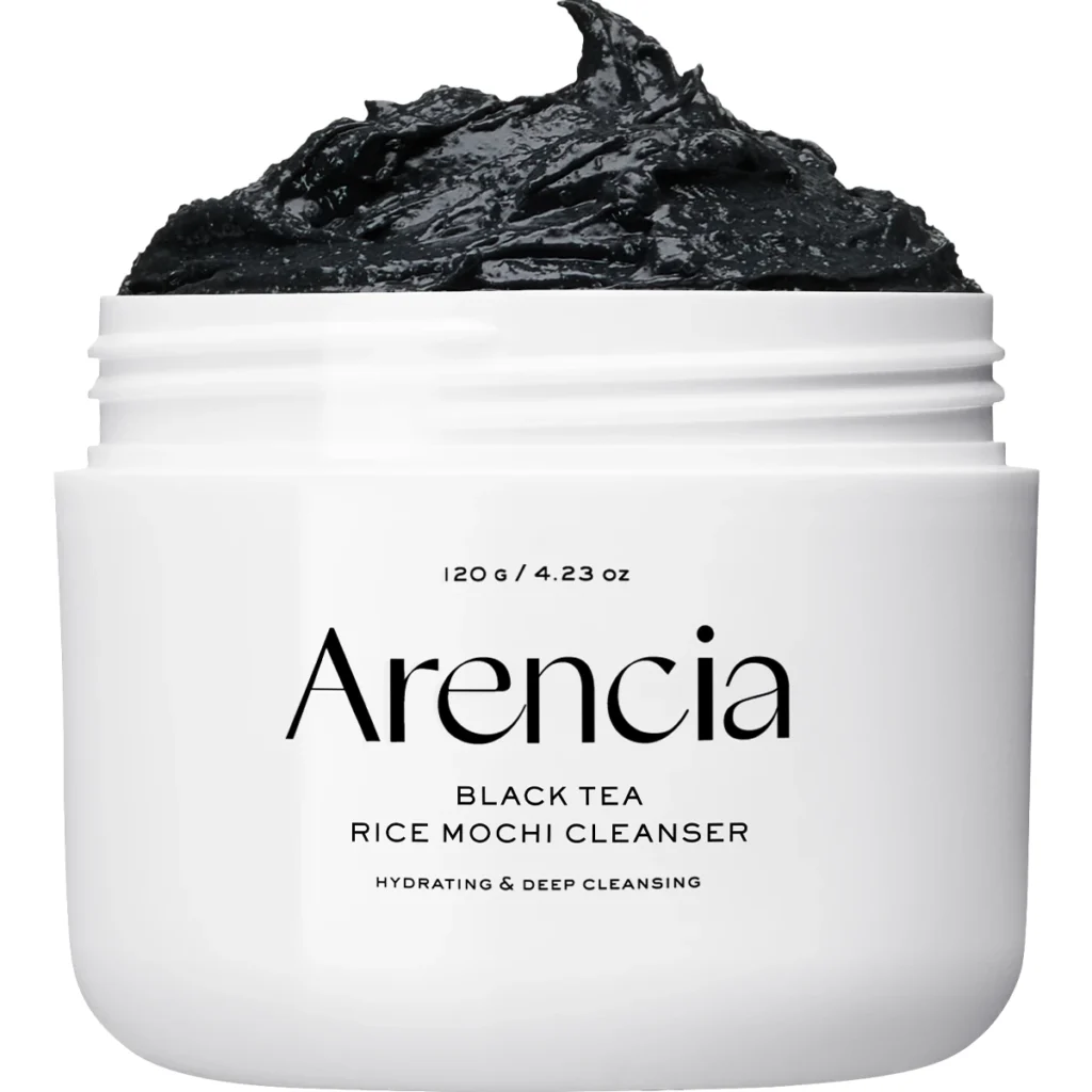 Arencia Black Tea Rice Mochi Cleanser 120g jar with charcoal-black dough texture