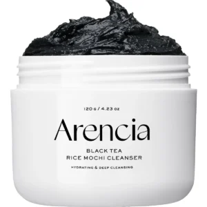 Arencia Black Tea Rice Mochi Cleanser 120g jar with charcoal-black dough texture