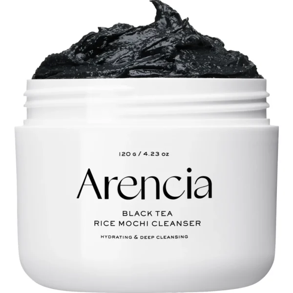 Arencia Black Tea Rice Mochi Cleanser 120g jar with charcoal-black dough texture