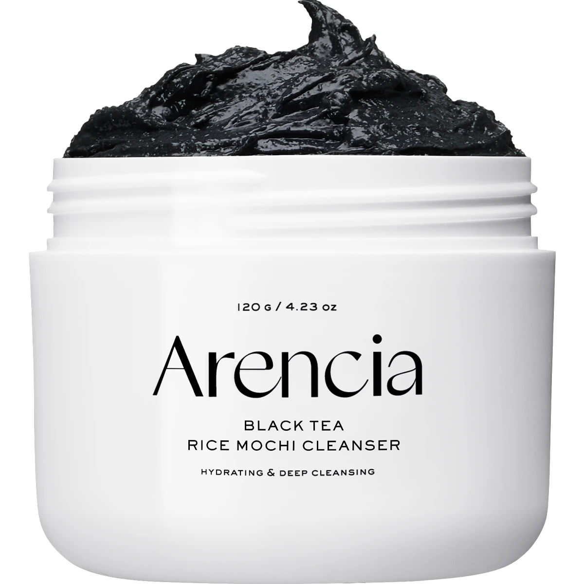 Arencia Black Tea Rice Mochi Cleanser 120g jar with charcoal-black dough texture