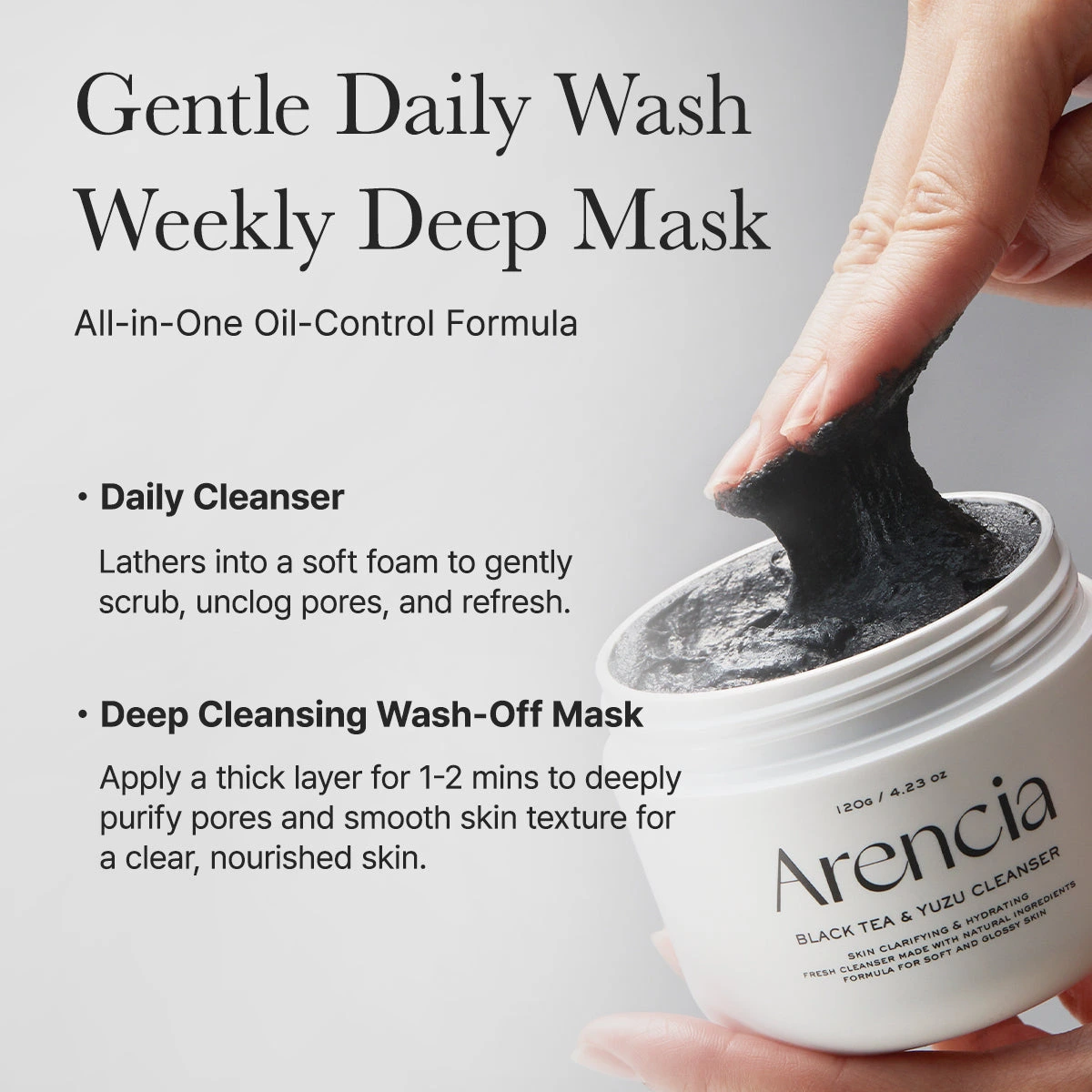 Arencia Black Tea Cleanser used as a gentle daily wash and as a weekly deep cleansing wash-off mask