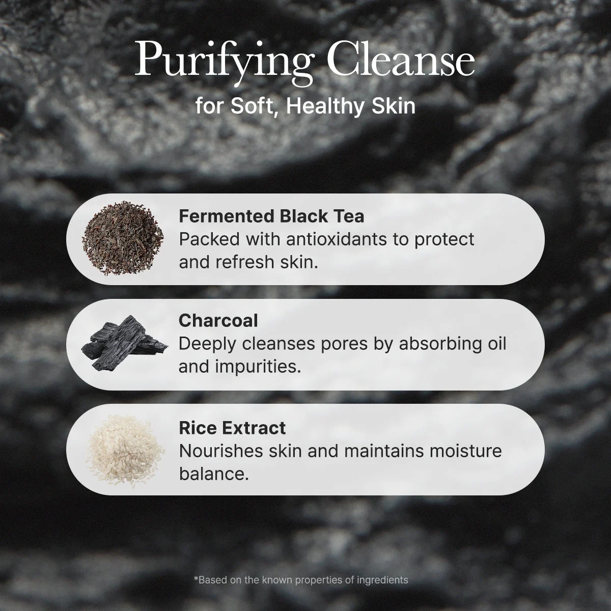 Arencia Black Tea Cleanser key ingredient panel naming fermented black tea, charcoal and rice extract