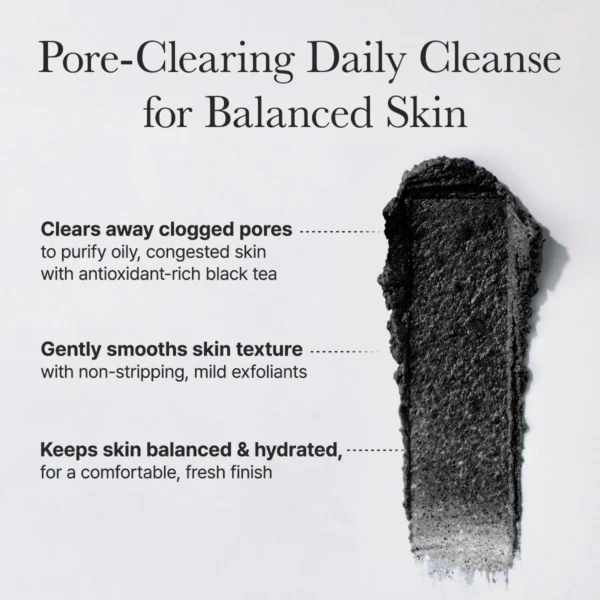 Arencia Black Tea Cleanser claims: clears clogged pores, smooths texture and keeps skin balanced