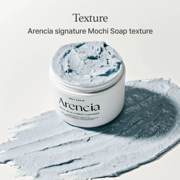 Arencia Blue Hyssop Cleanser signature mochi soap texture scooped from the jar