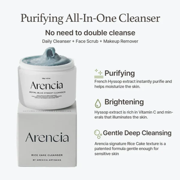 Arencia Blue Hyssop Cleanser claims: purifying, brightening and gentle deep cleansing in one step