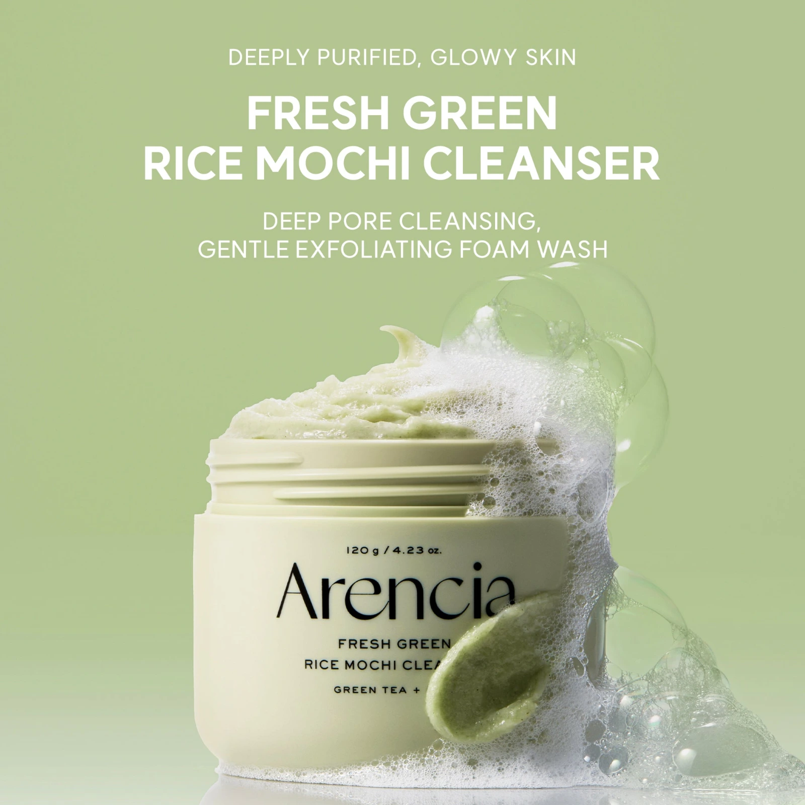 Arencia Fresh Green Rice Mochi Cleanser jar with its stretchy mochi texture