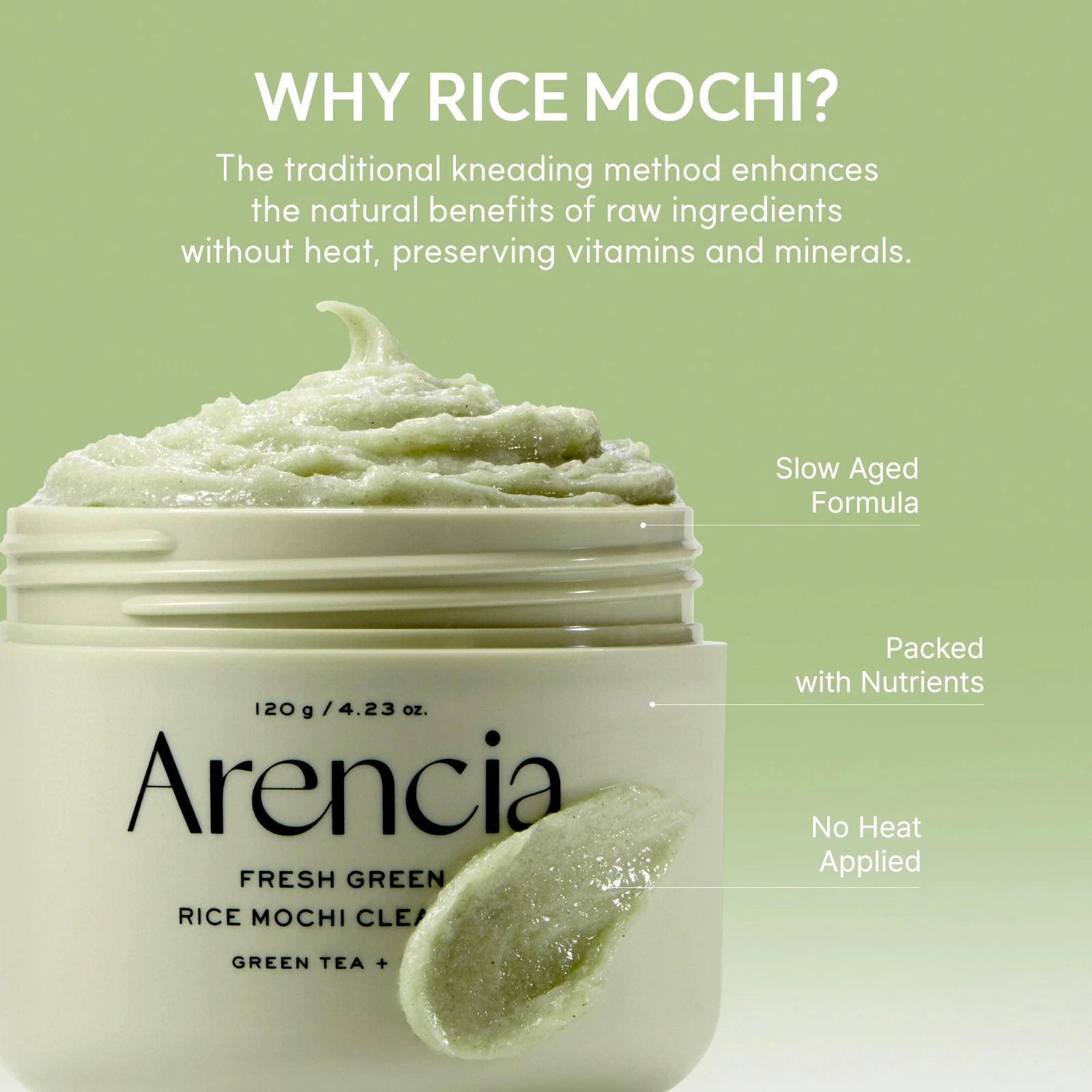 Why Arencia makes rice mochi cleansers: hand-kneaded, low-heat, no water added