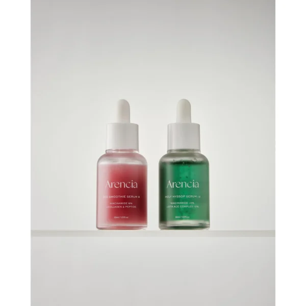 Arencia Holy Hyssop Serum 12 beside the Red Smoothie Serum from the same line