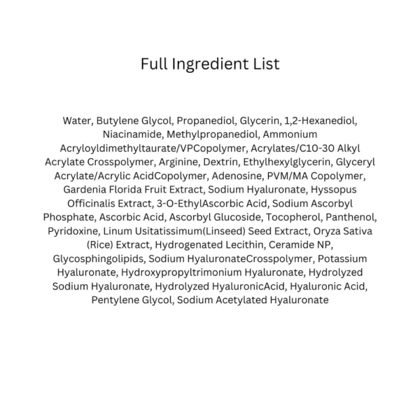 Arencia Holy Hyssop Serum full ingredient list panel showing all thirty-eight ingredients