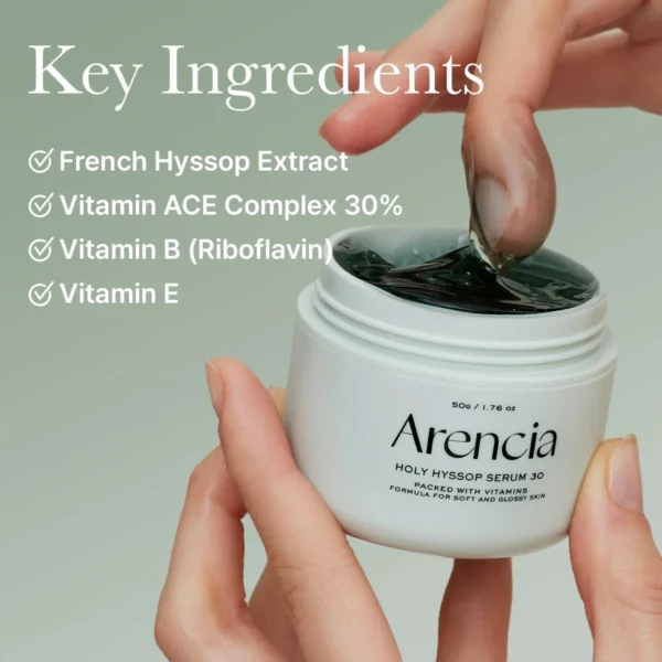 Arencia Holy Hyssop Serum key ingredient panel listing French hyssop extract, Vitamin ACE Complex 30 percent, vitamin B riboflavin and vitamin E