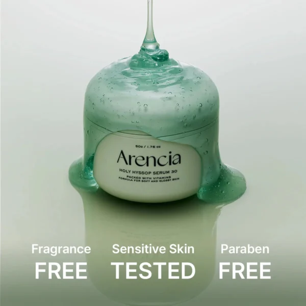 Arencia Holy Hyssop Serum green jelly texture stretching from the jar