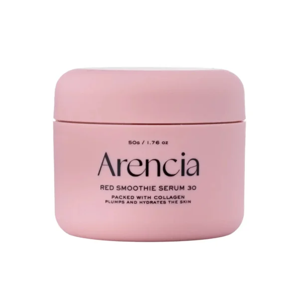 Arencia Red Smoothie Serum 30 jar label reading packed with collagen, plumps and hydrates the skin