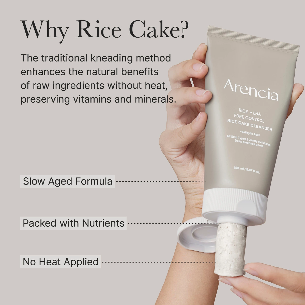 Arencia explains the rice cake kneading method used to make the Rice LHA Cleanser without heat