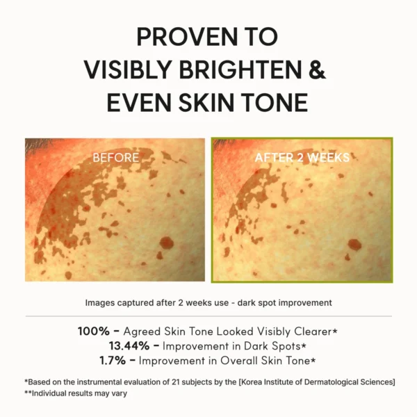 Arencia Vitamin C Booster Shot test results from 21 subjects: 13.44 percent dark spot improvement and 1.7 percent overall skin tone improvement after two weeks