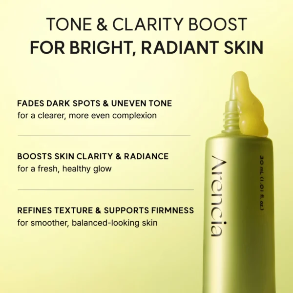 Arencia Vitamin C Booster Shot claims: fades dark spots, boosts clarity and radiance, refines texture