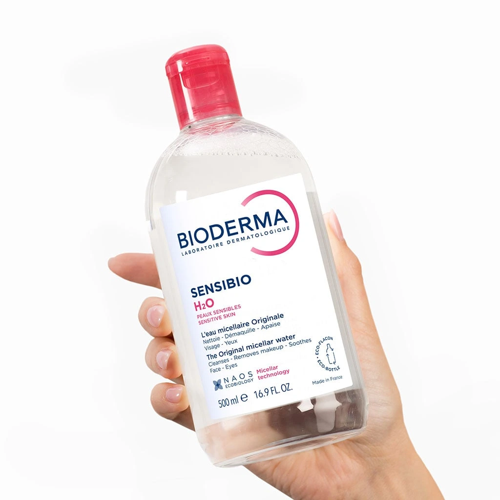Bioderma Sensibio H2O 500ml bottle held in hand, front label showing Made in France