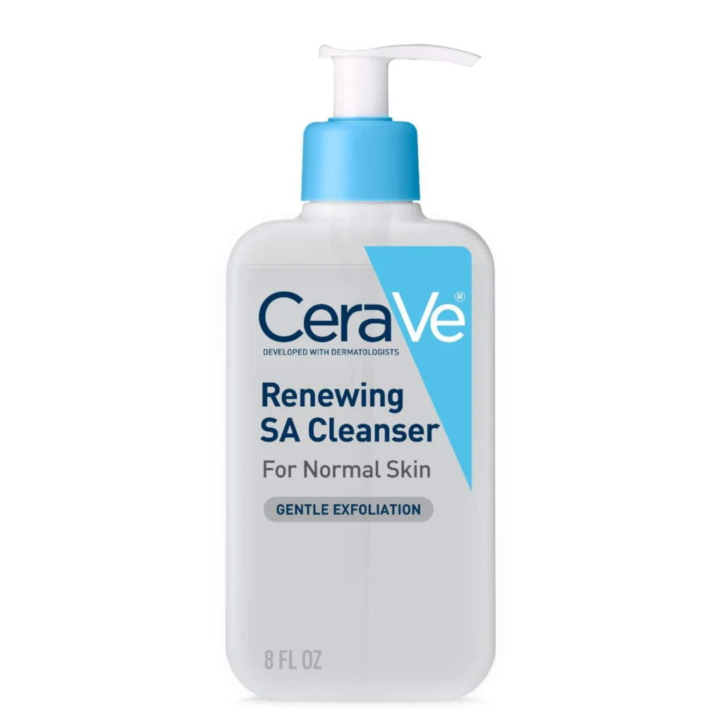 CeraVe Renewing SA Cleanser 237 ml pump bottle, front label reading for normal skin and gentle exfoliation
