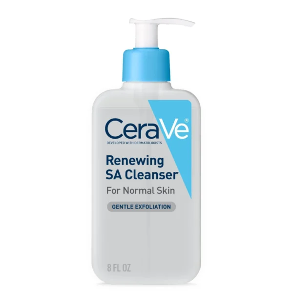 CeraVe Renewing SA Cleanser 237 ml pump bottle, front label reading for normal skin and gentle exfoliation