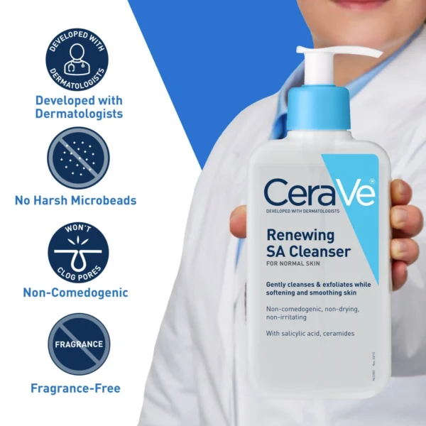 CeraVe SA Cleanser claim badges: developed with dermatologists, no harsh microbeads, non-comedogenic and fragrance-free