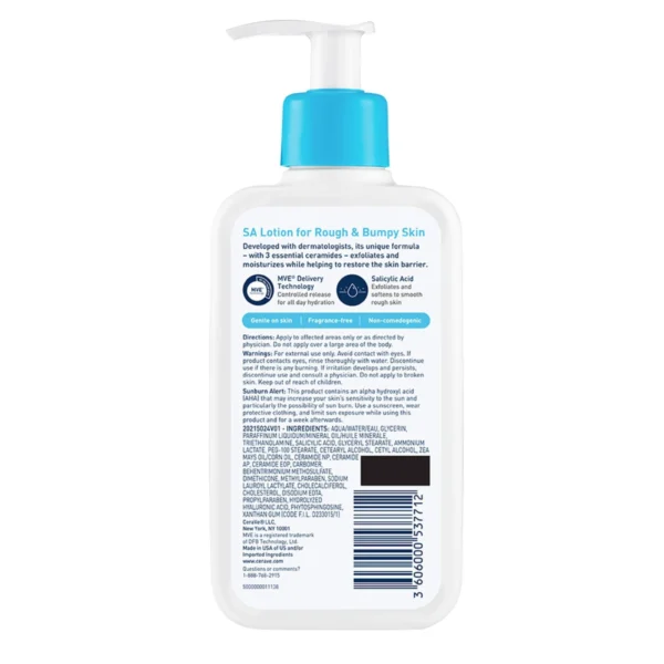 Back label of the CeraVe SA Lotion showing directions, warnings, the AHA sunburn alert, the full ingredient list and the barcode