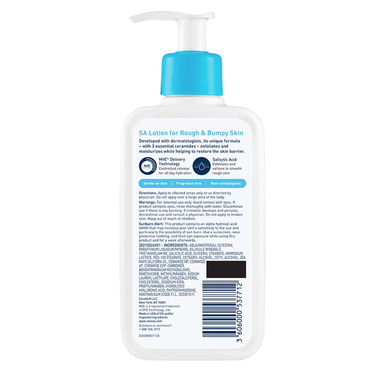 Back label of the CeraVe SA Lotion showing directions, warnings, the AHA sunburn alert, the full ingredient list and the barcode