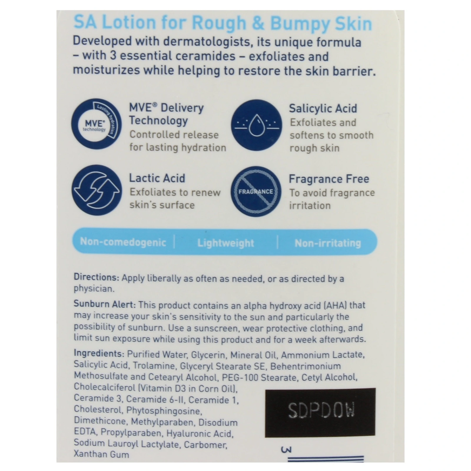 CeraVe SA Lotion carton panel listing MVE delivery technology, salicylic acid, lactic acid and fragrance free, with directions and ingredients