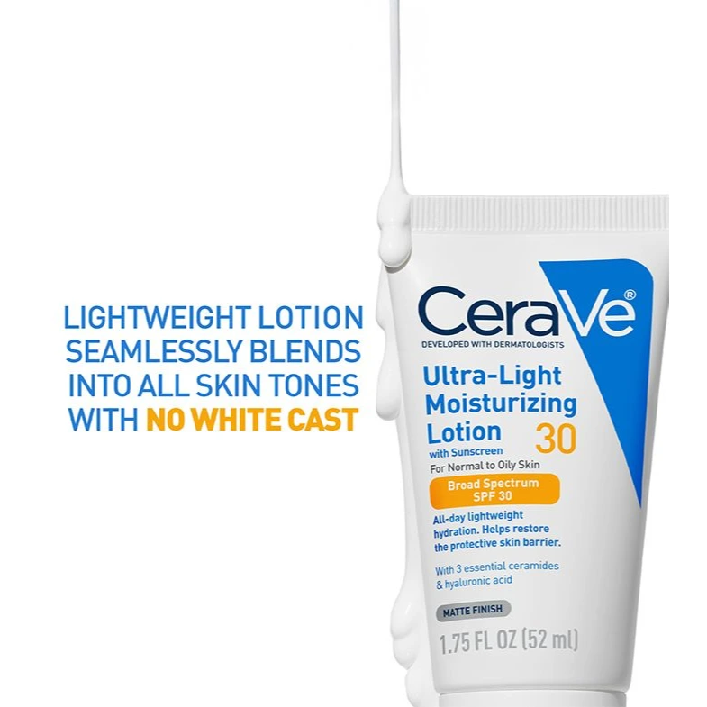 CeraVe Ultra-Light SPF 30 lotion blending into skin with no white cast