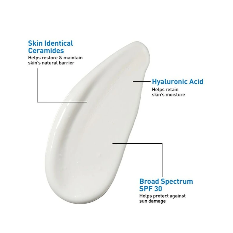 CeraVe Ultra-Light SPF 30 texture with ceramides and hyaluronic acid callouts