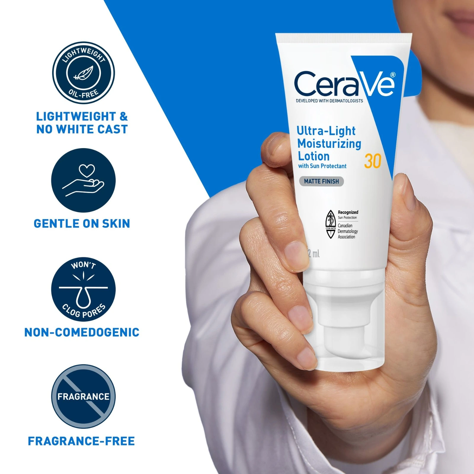 CeraVe Ultra-Light SPF 30 lightweight, no white cast, gentle, non-comedogenic and fragrance-free