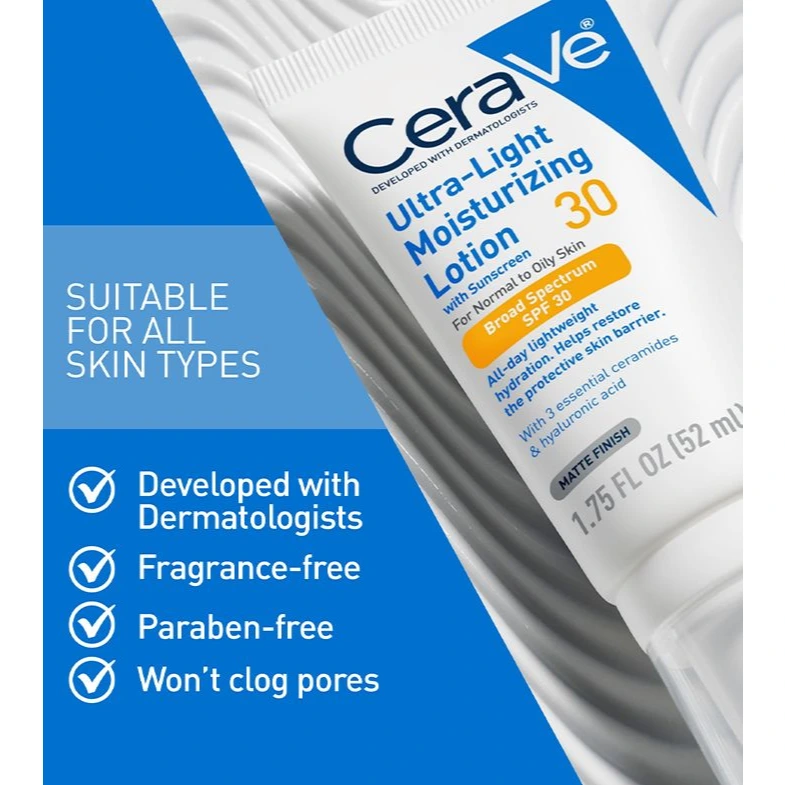 CeraVe Ultra-Light SPF 30 suitable for all skin types, fragrance-free and paraben-free