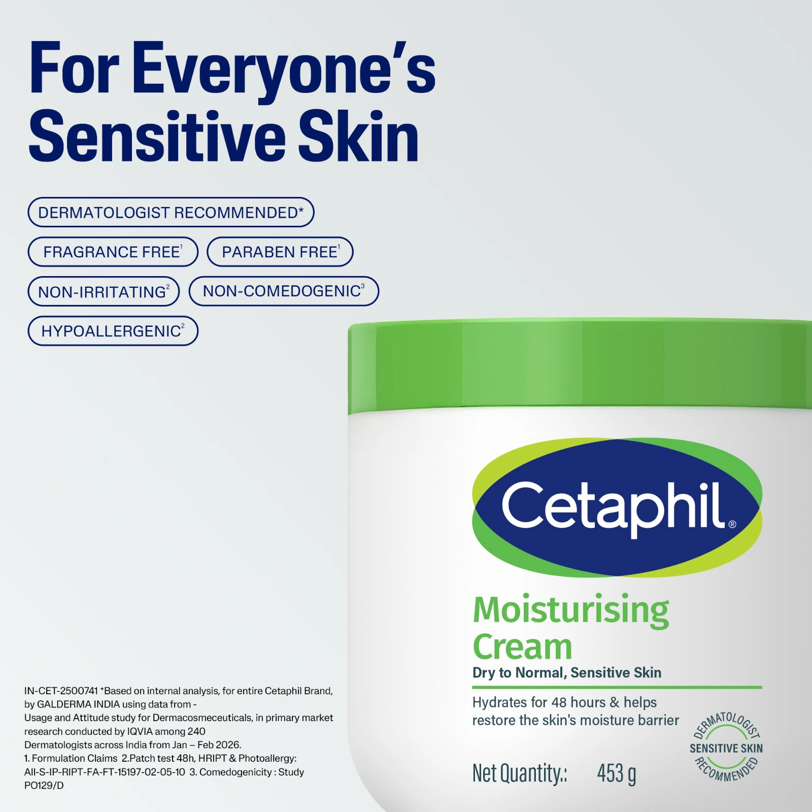 Cetaphil Moisturizing Cream claims: dermatologist recommended, fragrance free, paraben free, non-comedogenic, hypoallergenic