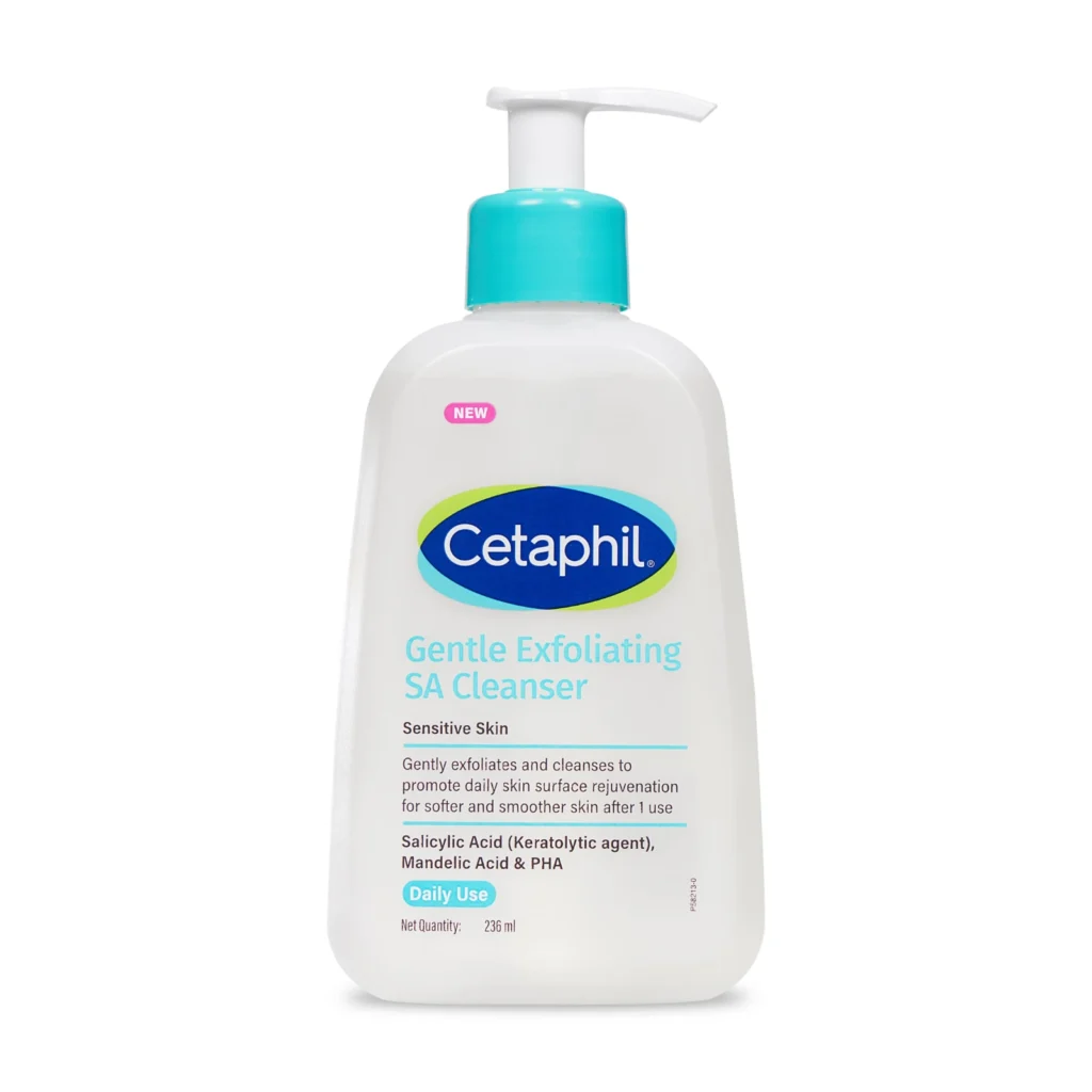 Cetaphil SA Cleanser 236 ml pump bottle, front label naming salicylic acid as a keratolytic agent with mandelic acid and PHA