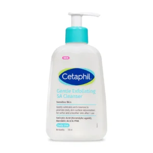 Cetaphil SA Cleanser 236 ml pump bottle, front label naming salicylic acid as a keratolytic agent with mandelic acid and PHA