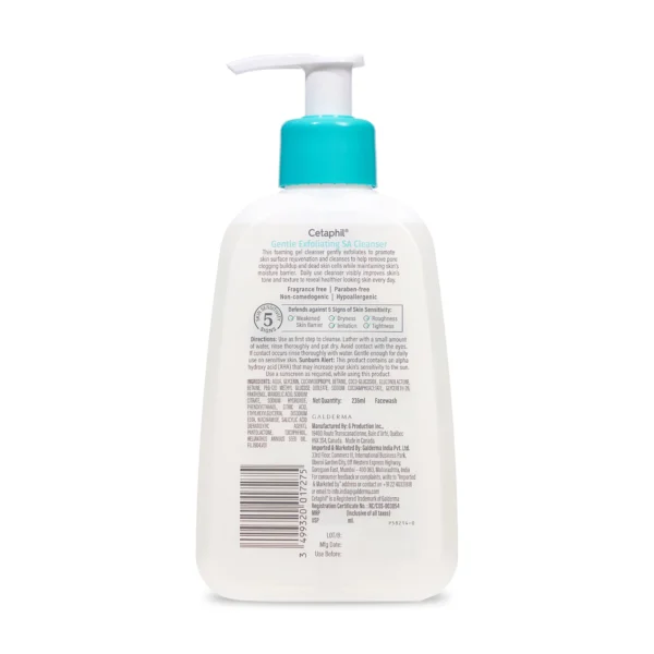 Back label of the Cetaphil SA Cleanser showing the full ingredient list, directions, barcode and net quantity