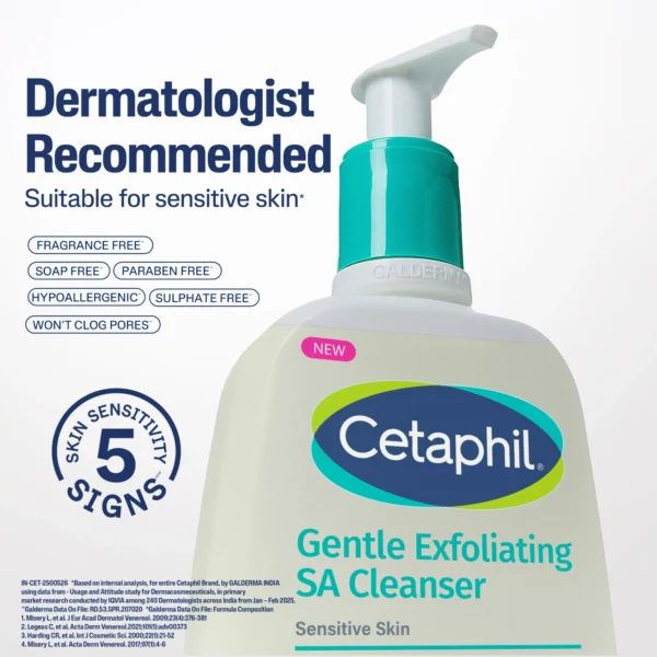 Cetaphil SA Cleanser claim panel: fragrance free, soap free, paraben free, hypoallergenic, sulphate free and will not clog pores