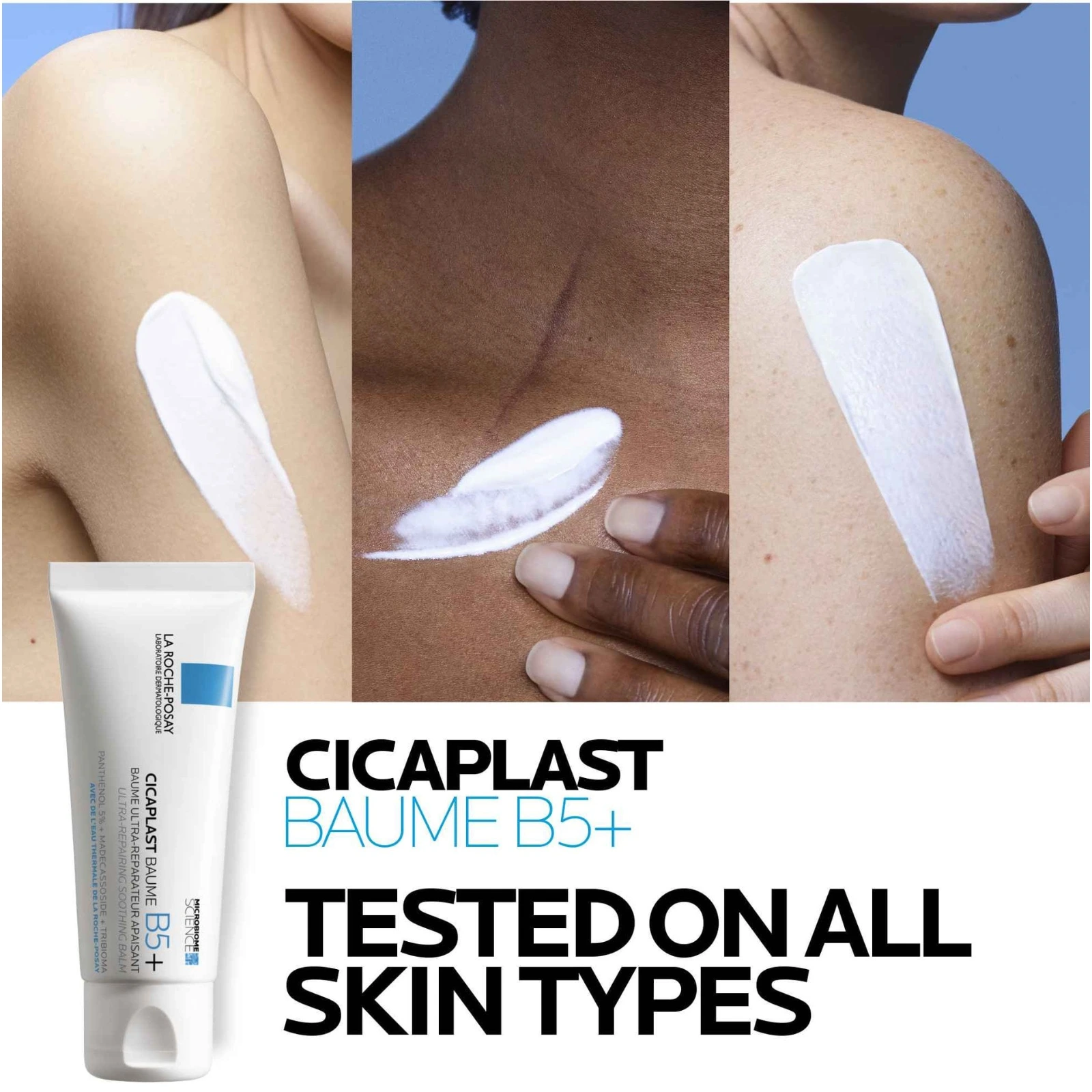 Cicaplast Baume B5 balm applied to skin, tested on all skin types