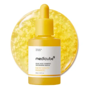 Medicube Kojic Acid Turmeric Serum 30ml bottle with suspended yellow capsules