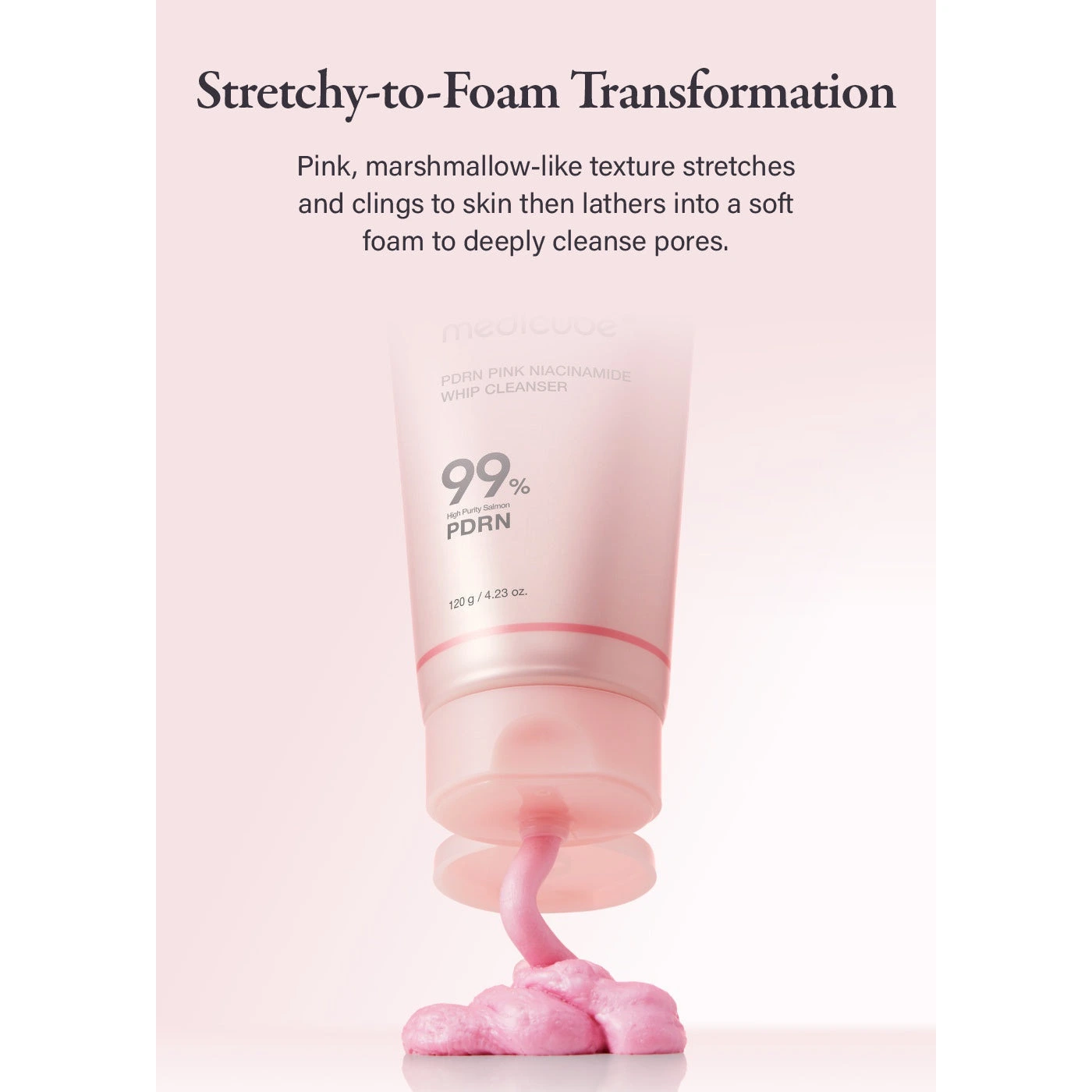 Medicube PDRN Whip Cleanser stretchy marshmallow texture transforming into foam