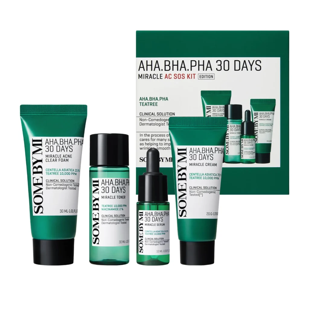 Some By Mi AC SOS Kit green box beside the four items, labelled AHA BHA PHA tea tree clinical solution, non-comedogenic and dermatologist tested