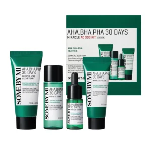 Some By Mi AC SOS Kit green box beside the four items, labelled AHA BHA PHA tea tree clinical solution, non-comedogenic and dermatologist tested