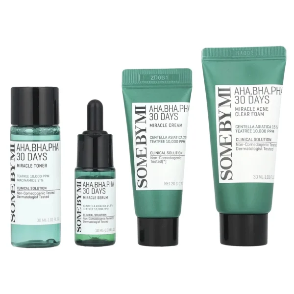 The four items in the Some By Mi AC SOS Kit: Miracle Acne Clear Foam, Miracle Toner, Miracle Serum and Miracle Cream