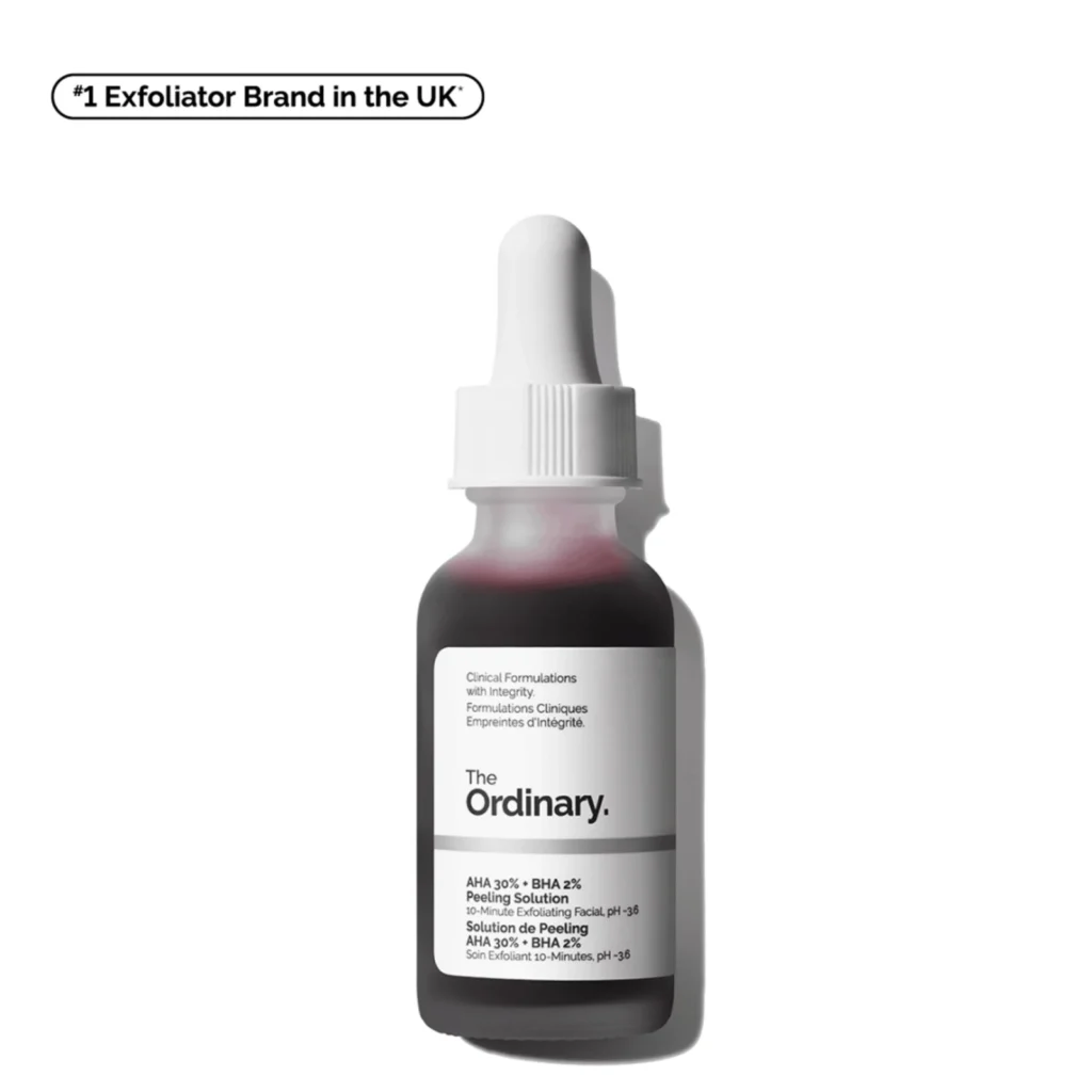 The Ordinary AHA 30% + BHA 2% Peeling Solution 30 ml dropper bottle with its deep red formula visible