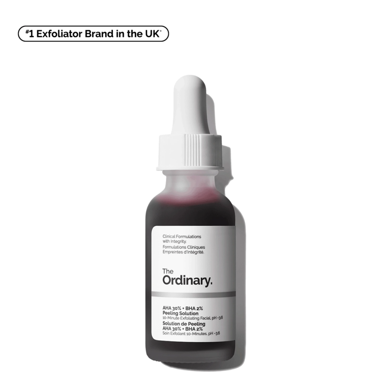 The Ordinary AHA 30% + BHA 2% Peeling Solution 30 ml dropper bottle with its deep red formula visible