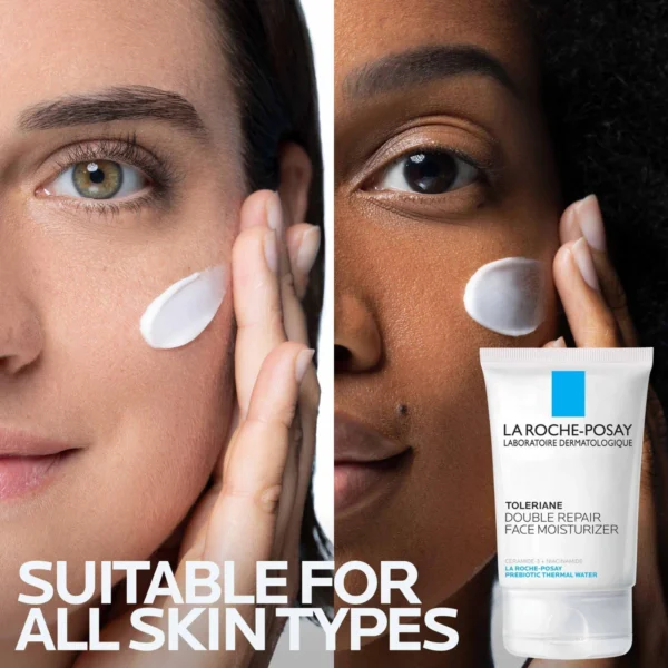 Toleriane Double Repair applied by three people with different skin tones