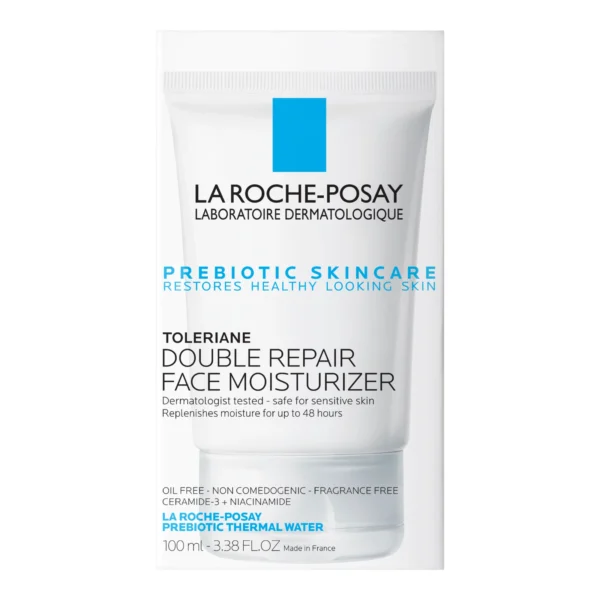 Toleriane Double Repair back of tube showing 100 ml, Made in France and the oil free, non-comedogenic and fragrance free claims