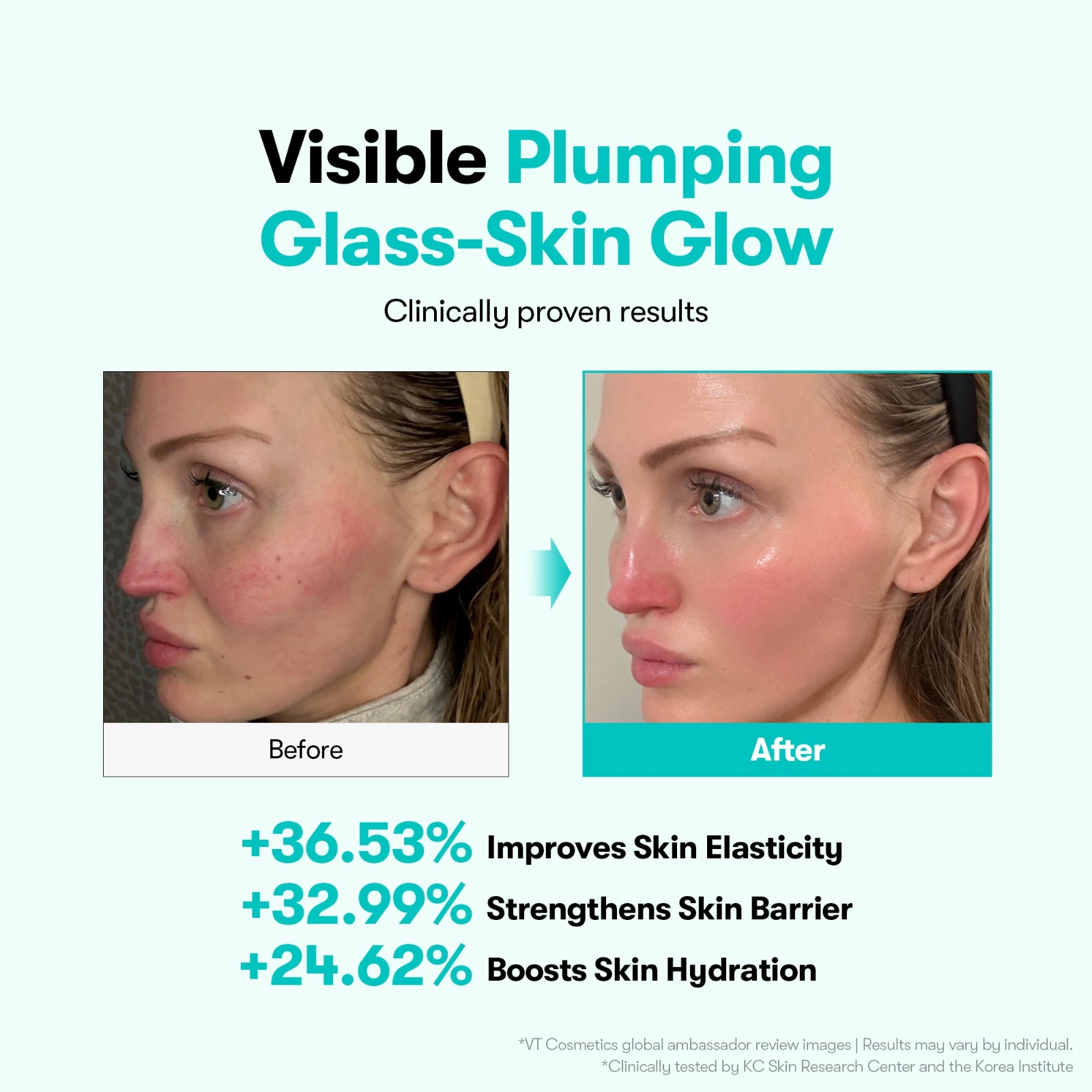 VT PDRN Essence 100 clinical results for elasticity, barrier and hydration with before and after images