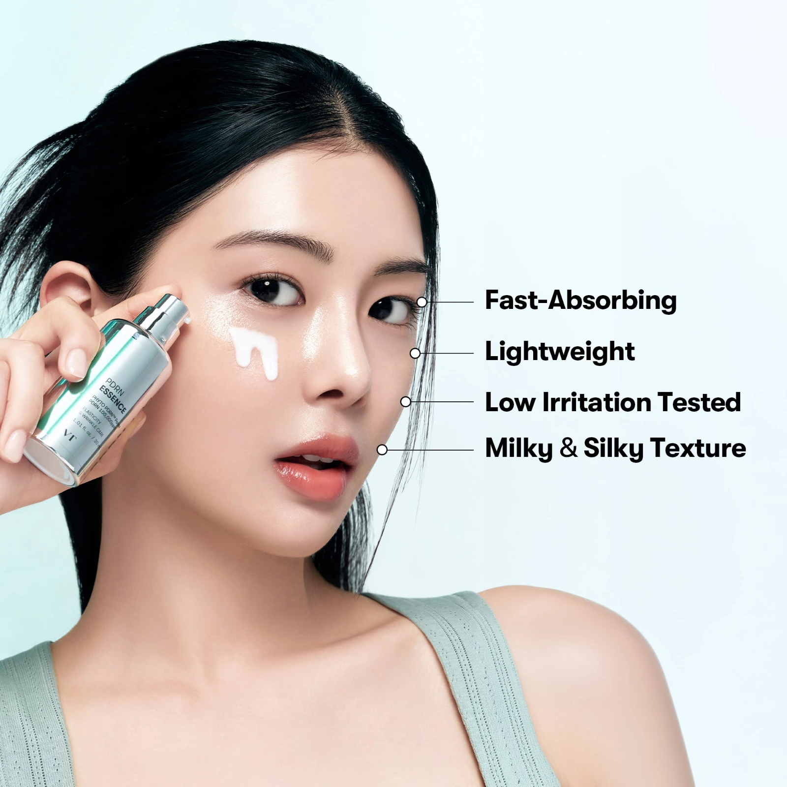 VT PDRN Essence 100 applied to the face, fast-absorbing milky texture