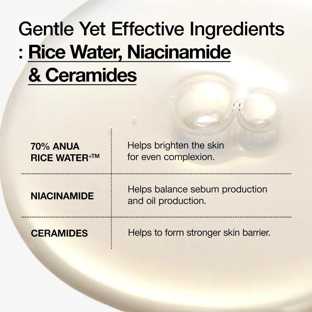 Anua Rice Toner rice water niacinamide ceramides graphic